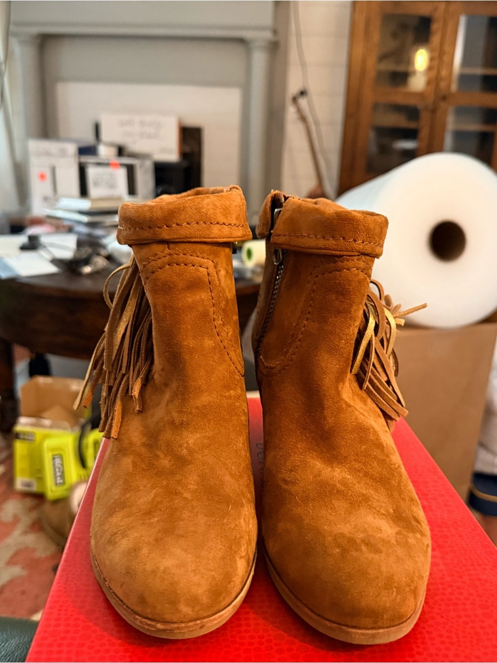 Suede Fringe Ankle Booties in Cognac Brown Size 7